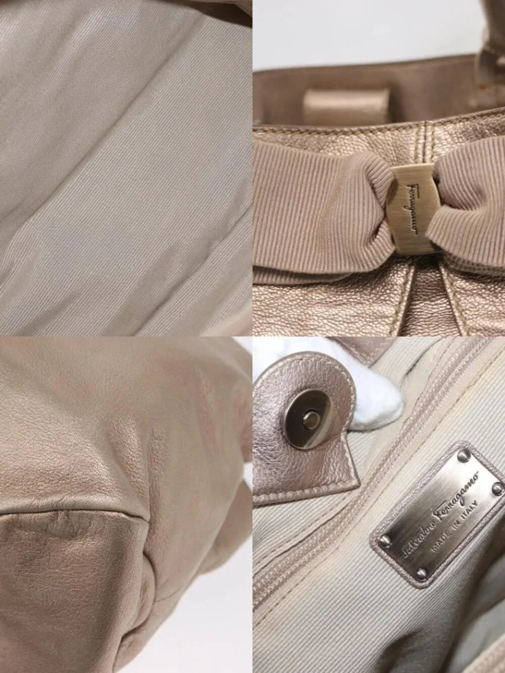 Salvatore Ferragamo Vala Tote Bag Leather Beige Auth BA9685